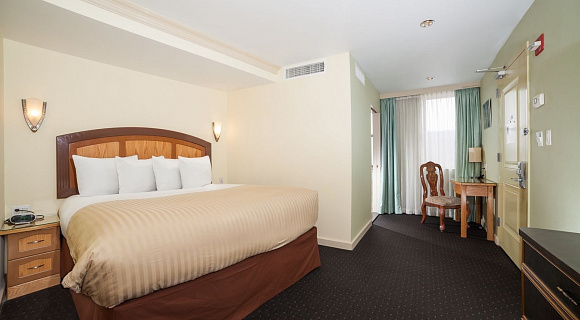 Photo 4 of Deluxe King Room with a king sized bed, view of the lower west side, and all the standard amenities.